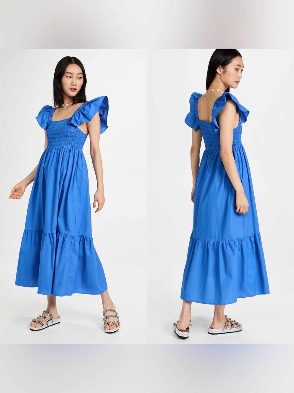 O.P.T Cobalt Blue Tuscany Smocked Flutter Sleeve Maxi Dress M